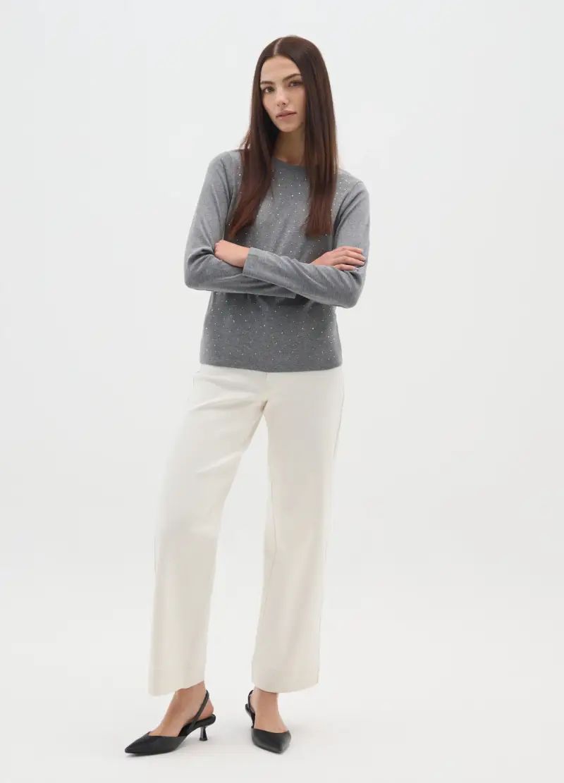 Maglia Grigia A Maniche Lunghe In Puro Cotone Regular Fit Con Strass, Donna, Grigio