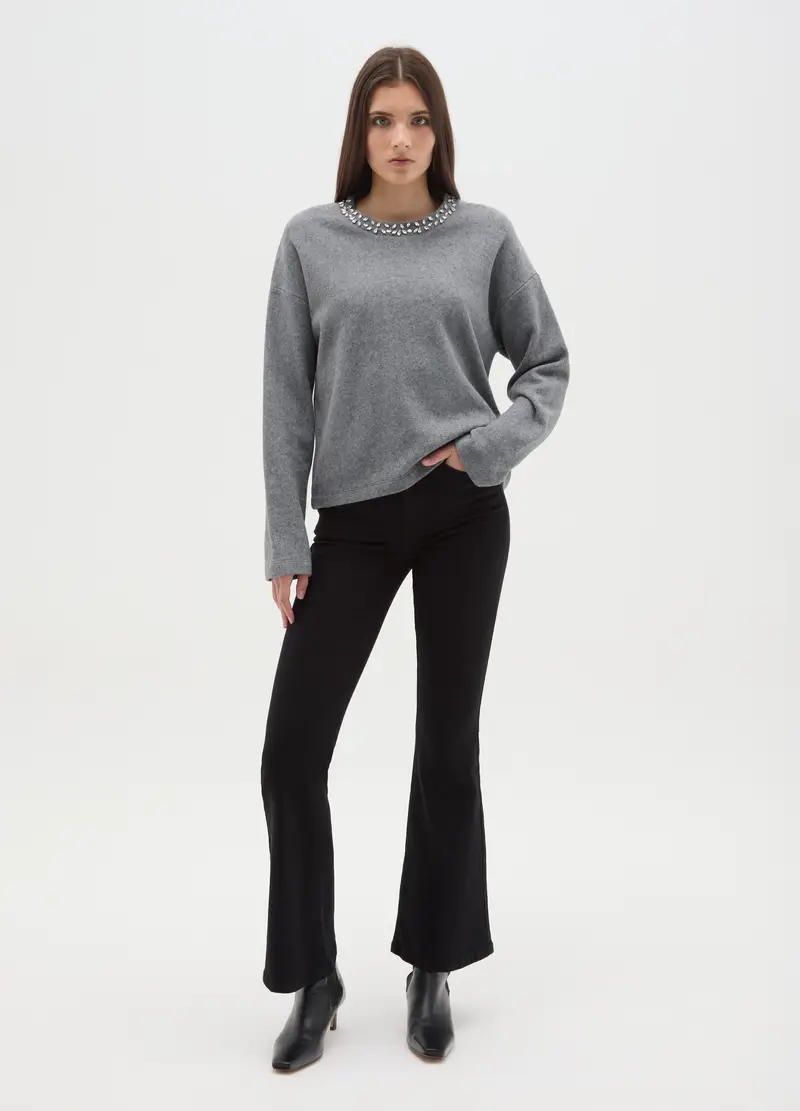 Maglia Grigia In Misto Cotone Regular Fit Con Collo Decorato, Donna, Grigio miniatura 2