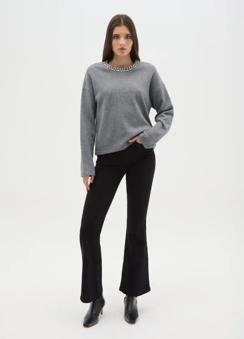 Maglia Grigia In Misto Cotone Regular Fit Con Collo Decorato, Donna, Grigio miniatura 2