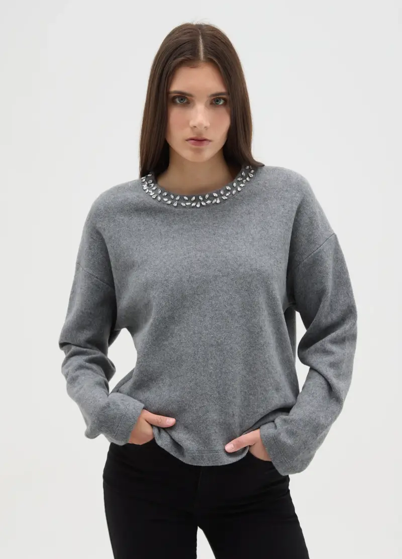 Maglia Grigia In Misto Cotone Regular Fit Con Collo Decorato, Donna, Grigio