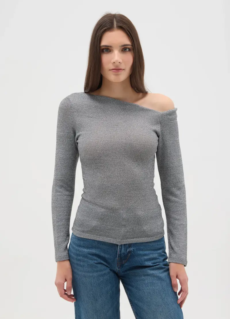 Maglia Grigia Regular Fit Con Spalla Scoperta, Donna, Grigio