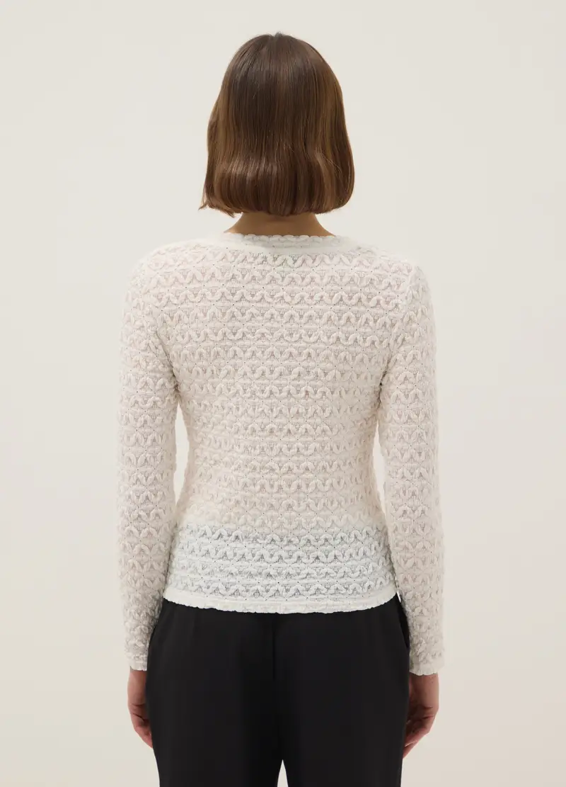 Maglia In Misto Cotone E Viscosa Bianca Regular Fit Con Texture A Maglia, Donna, Bianco miniatura 3