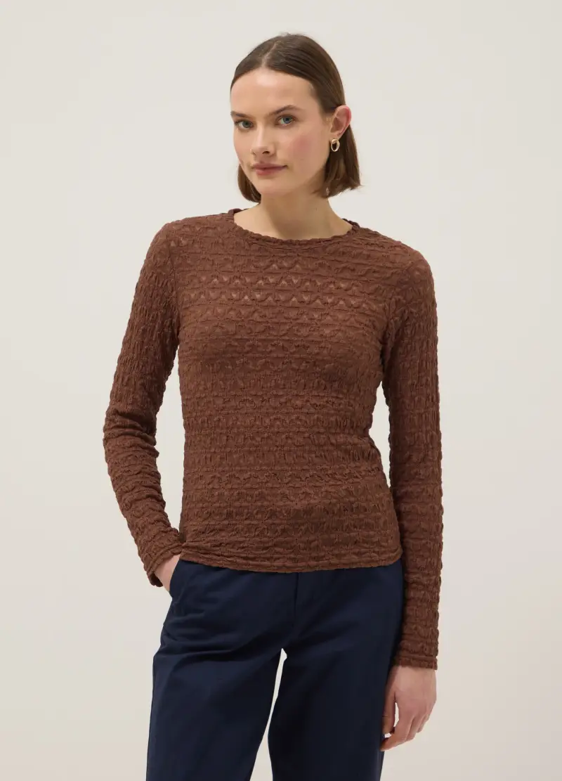 Maglia In Misto Cotone E Viscosa Marrone Regular Fit Con Texture A Maglia, Donna, Marrone
