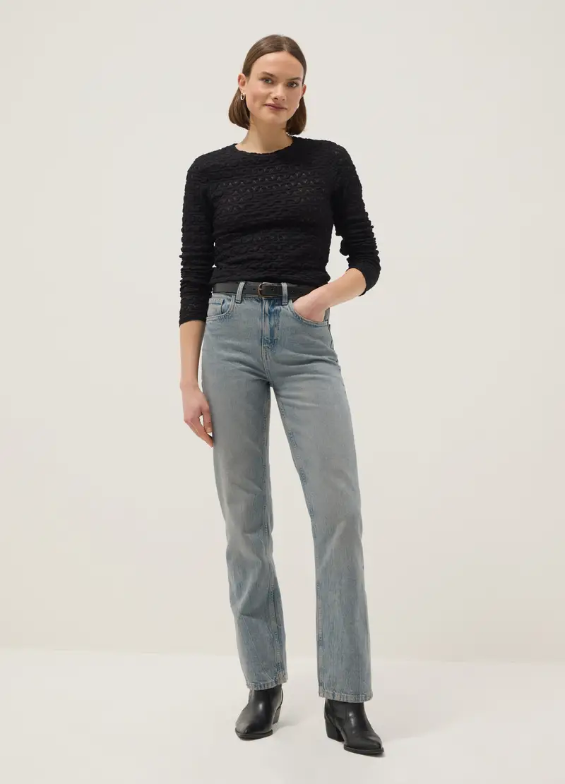 Maglia In Misto Cotone E Viscosa Nera Regular Fit Con Texture A Maglia, Donna, Nero miniatura 2