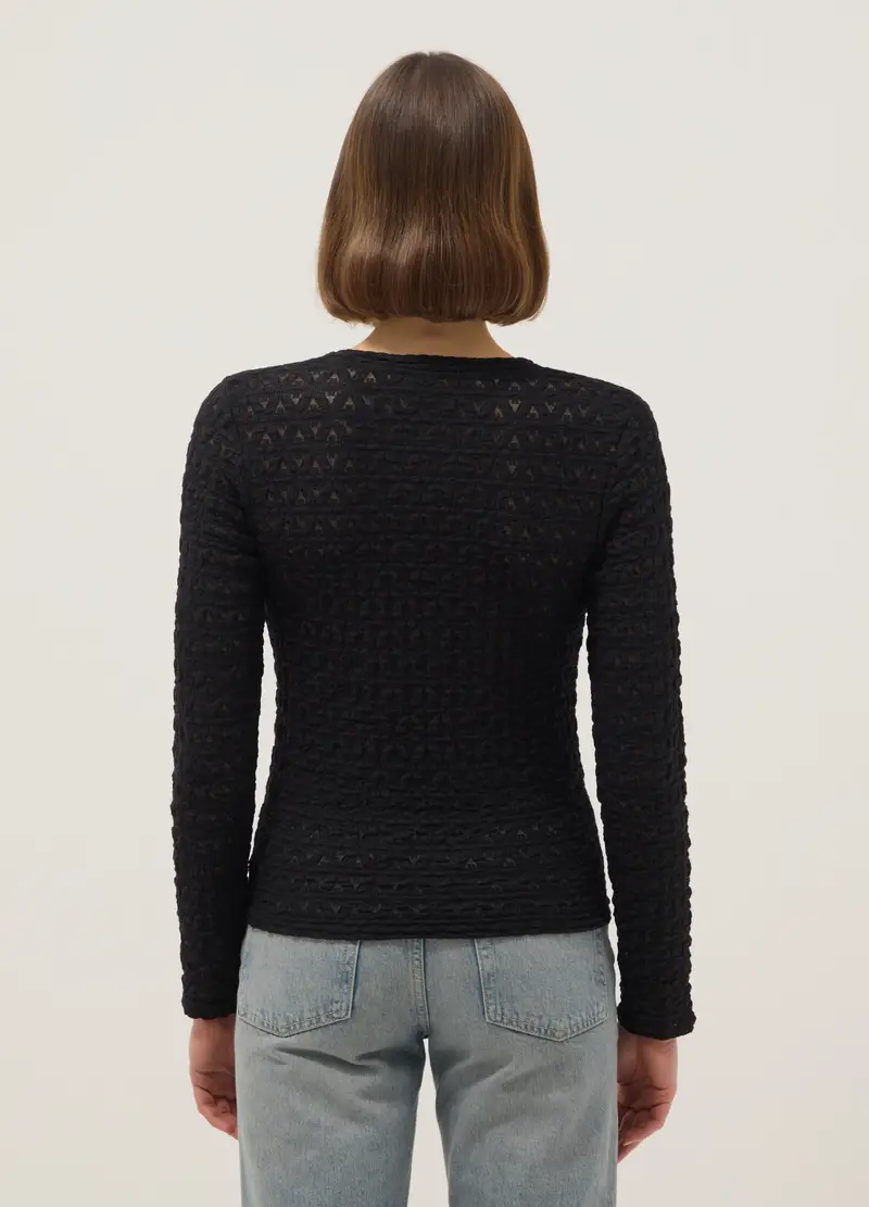 Maglia In Misto Cotone E Viscosa Nera Regular Fit Con Texture A Maglia, Donna, Nero miniatura 3