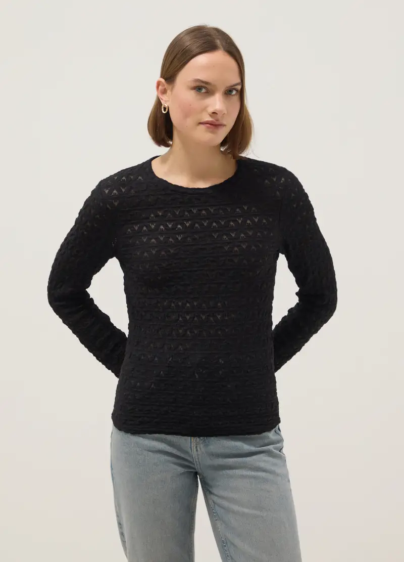 Maglia In Misto Cotone E Viscosa Nera Regular Fit Con Texture A Maglia, Donna, Nero