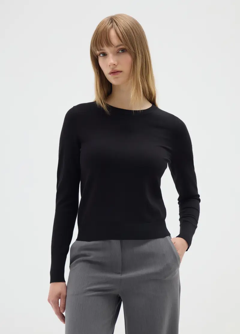Maglia In Misto Viscosa Nera Fitted, Donna, Nero