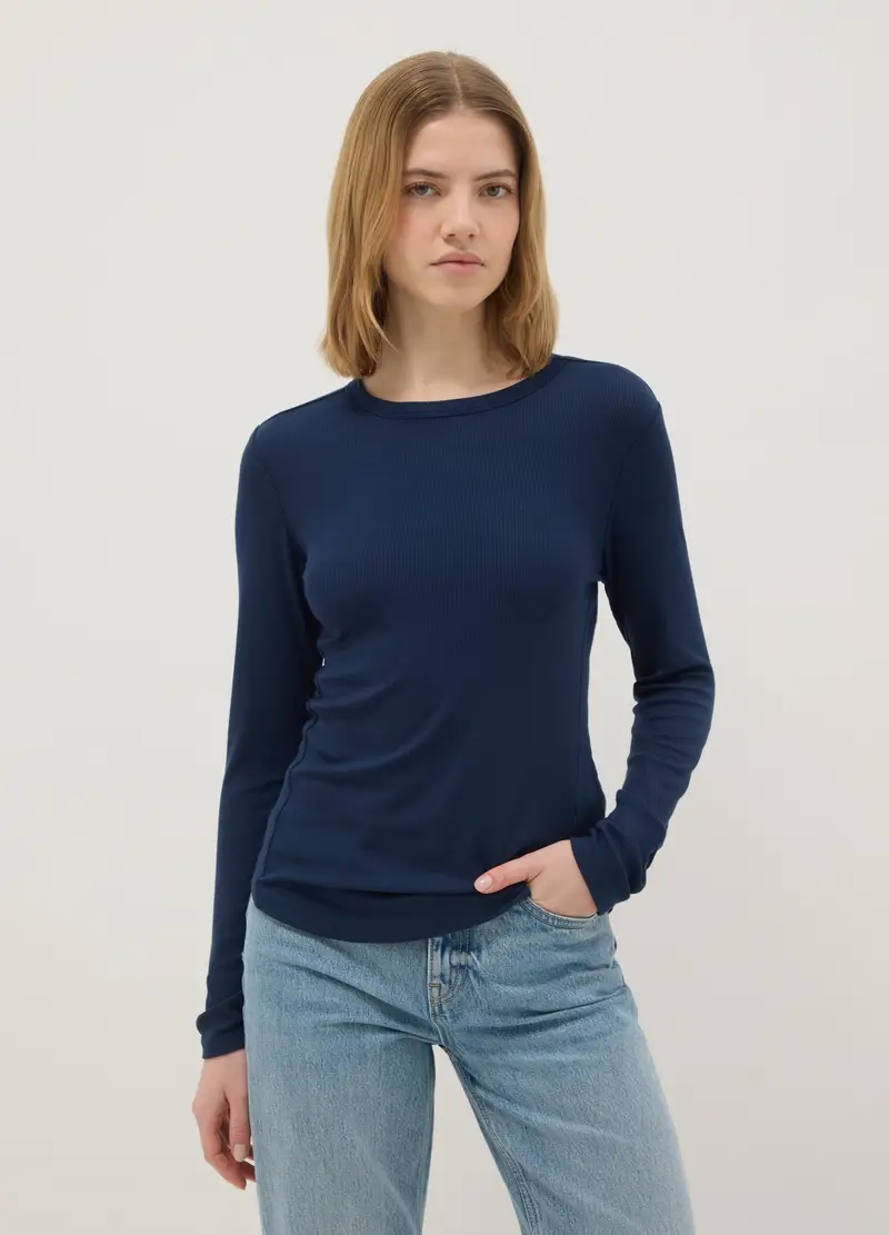 Maglia In Modal Elasticizzato Blu Regular Fit, Donna, Blu