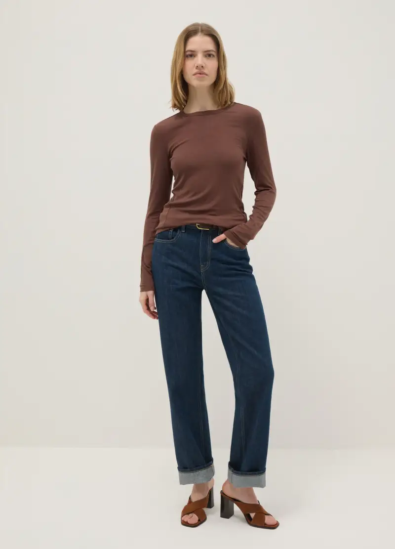 Maglia In Modal Elasticizzato Marrone Regular Fit, Donna, Marrone