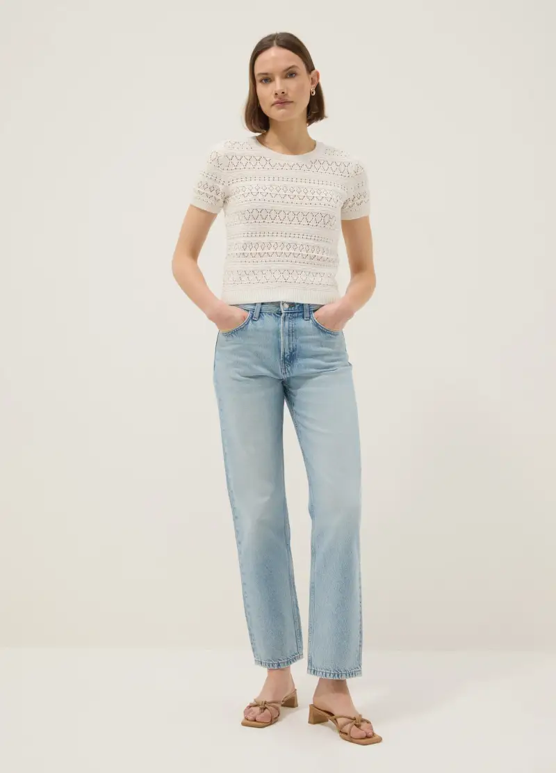 Maglia In Puro Cotone Bianca Regular Fit Con Lavorazione A Maglia, Donna, Bianco miniatura 2