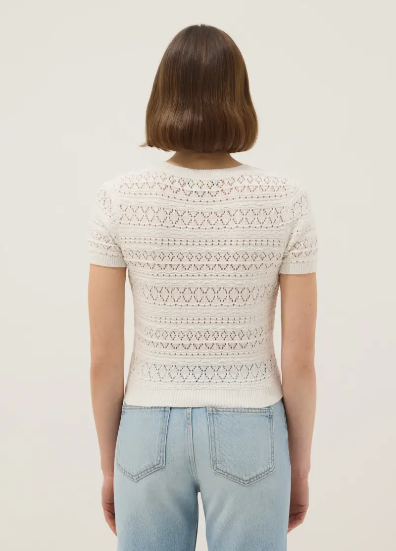 Maglia In Puro Cotone Bianca Regular Fit Con Lavorazione A Maglia, Donna, Bianco miniatura 3