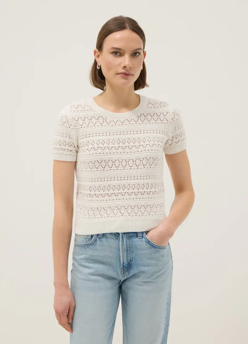 Maglia In Puro Cotone Bianca Regular Fit Con Lavorazione A Maglia, Donna, Bianco