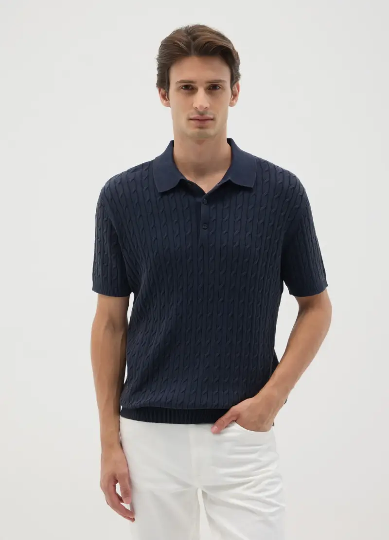 Maglia In Puro Cotone Blu Con Colletto Classico, Uomo, Blu