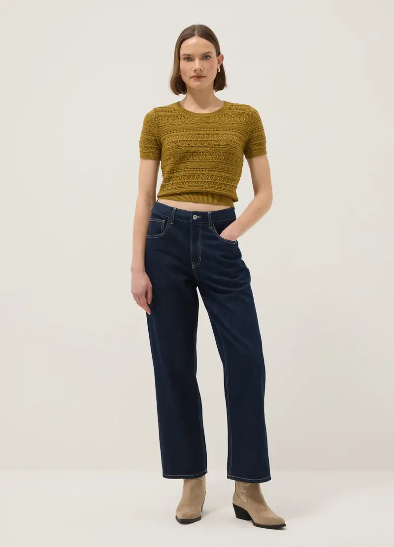 Maglia In Puro Cotone Giallo Regular Fit Con Lavorazione A Maglia, Donna, Giallo miniatura 2