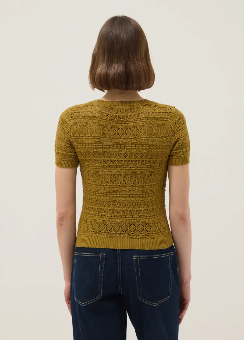 Maglia In Puro Cotone Giallo Regular Fit Con Lavorazione A Maglia, Donna, Giallo miniatura 3