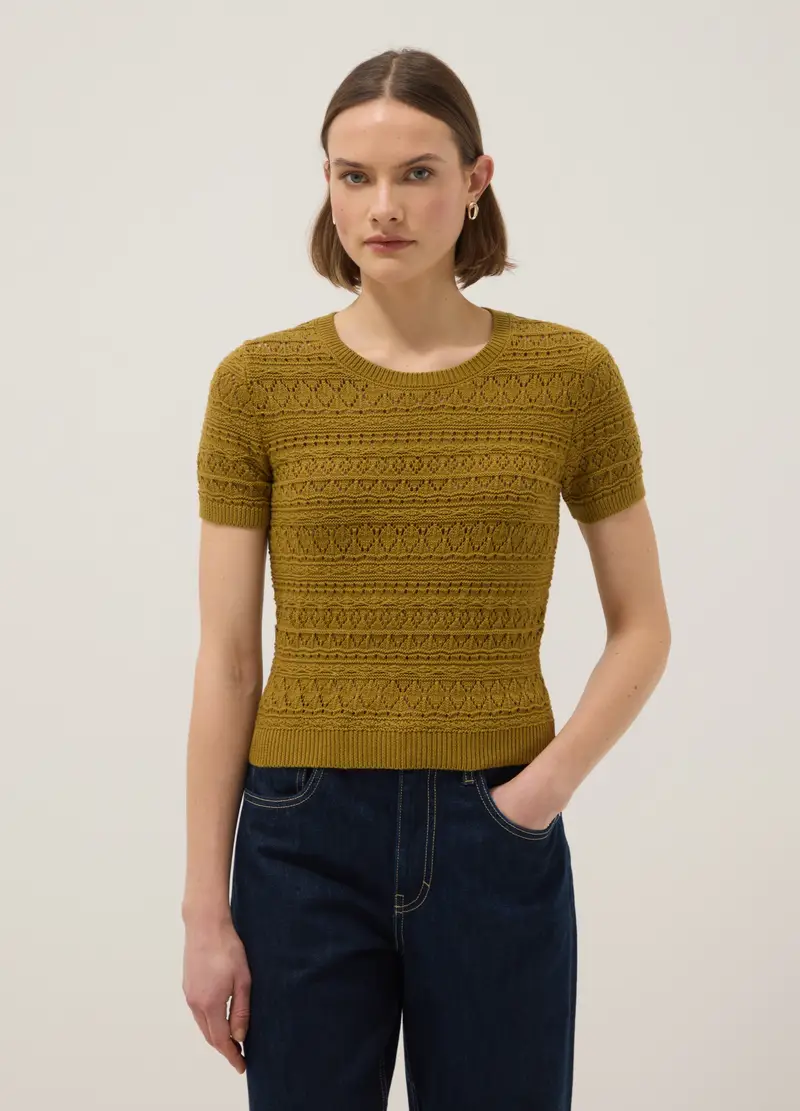 Maglia In Puro Cotone Giallo Regular Fit Con Lavorazione A Maglia, Donna, Giallo