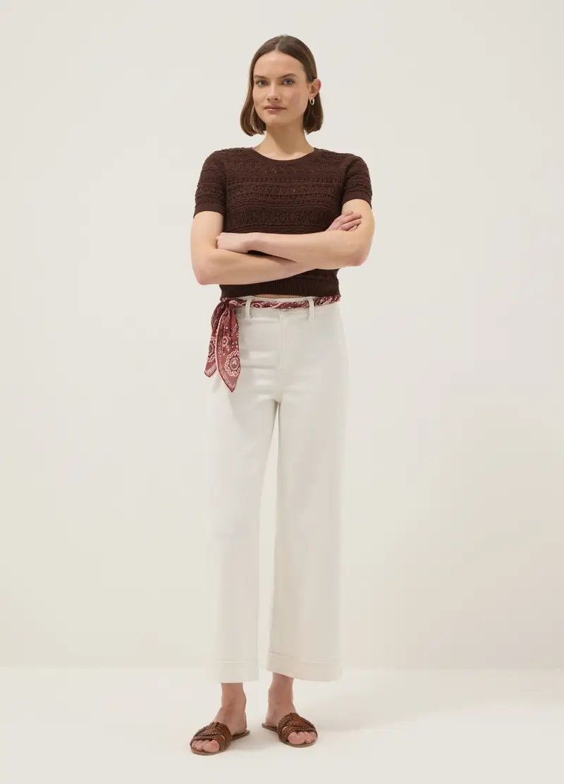 Maglia In Puro Cotone Marrone Regular Fit Con Lavorazione A Maglia, Donna, Marrone miniatura 2