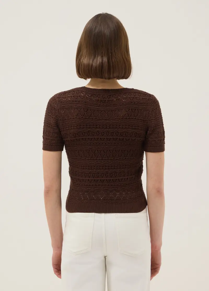 Maglia In Puro Cotone Marrone Regular Fit Con Lavorazione A Maglia, Donna, Marrone miniatura 3