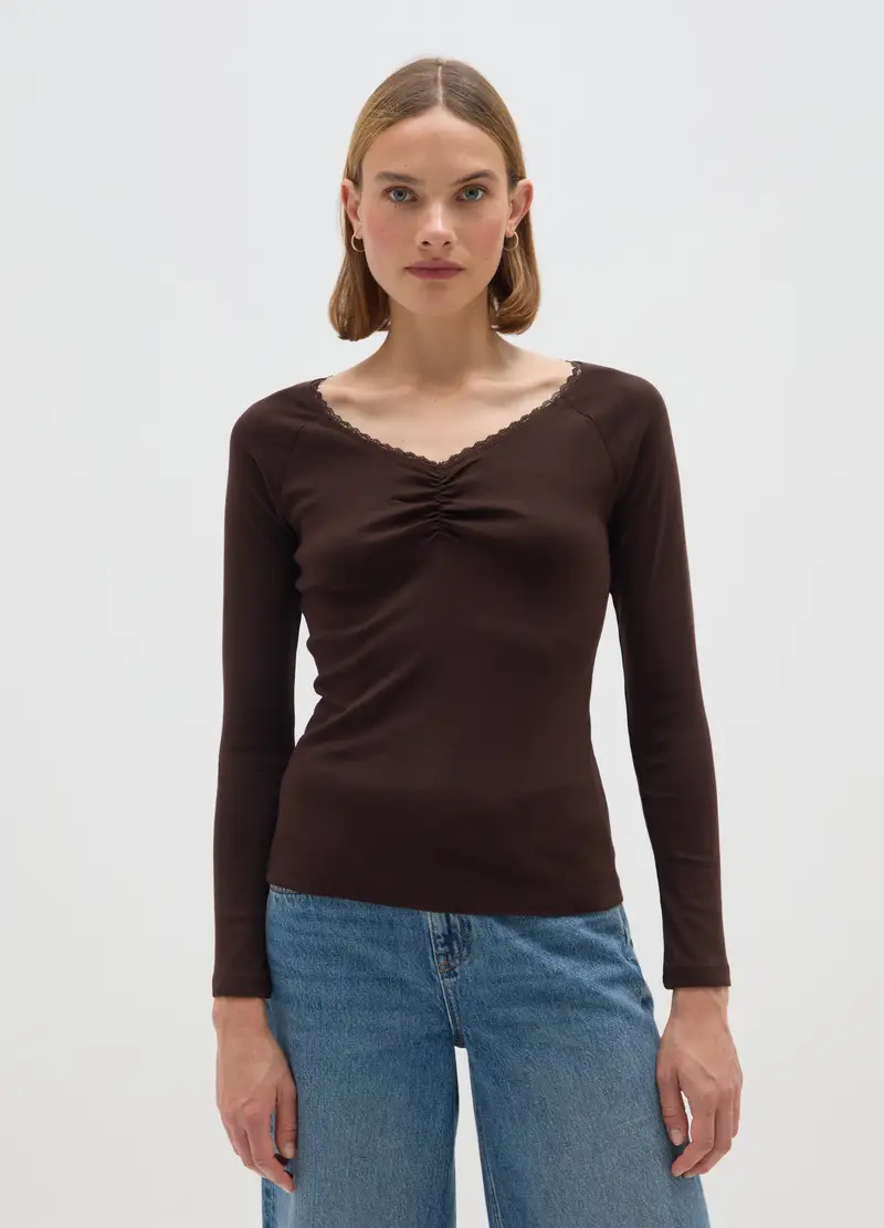 Maglia In Puro Cotone Marrone Regular Fit, Donna, Marrone miniatura 2