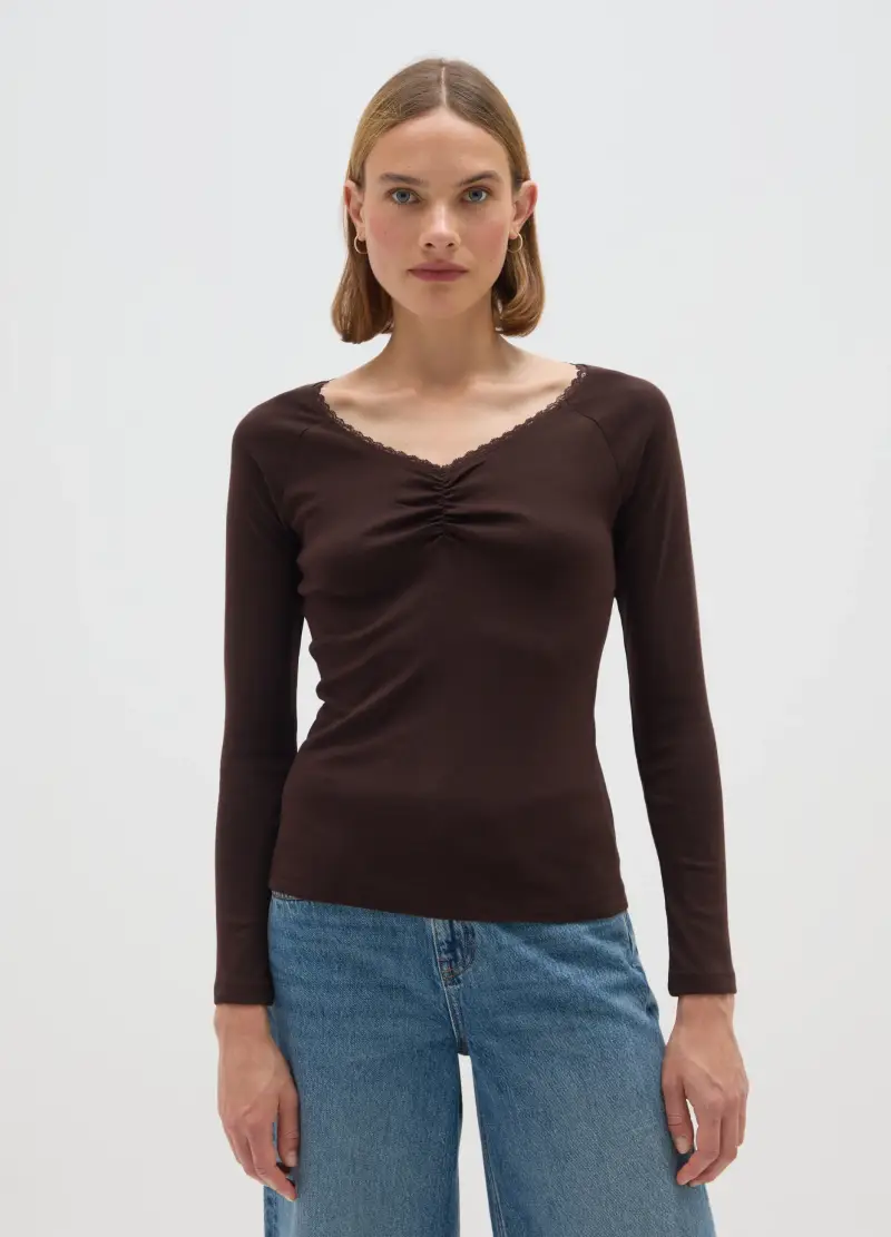 Maglia In Puro Cotone Marrone Regular Fit, Donna, Marrone miniatura 2