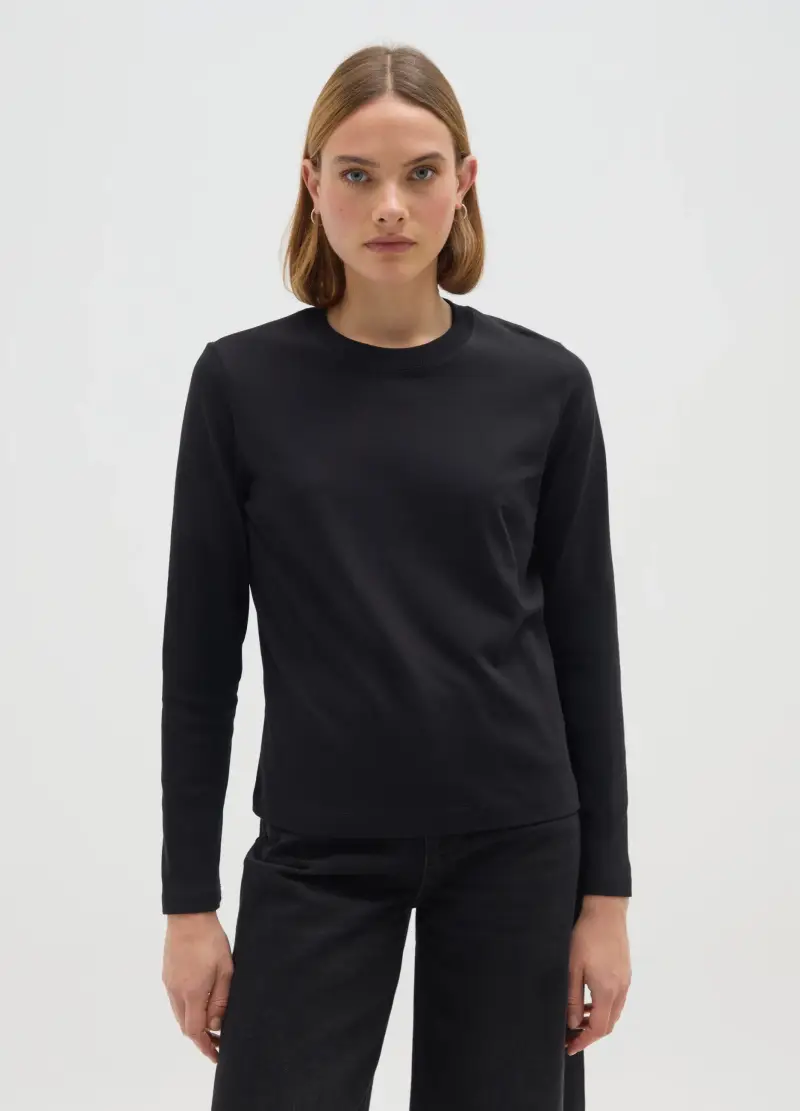 Maglia In Puro Cotone Nera Regular Fit, Donna, Nero miniatura 2