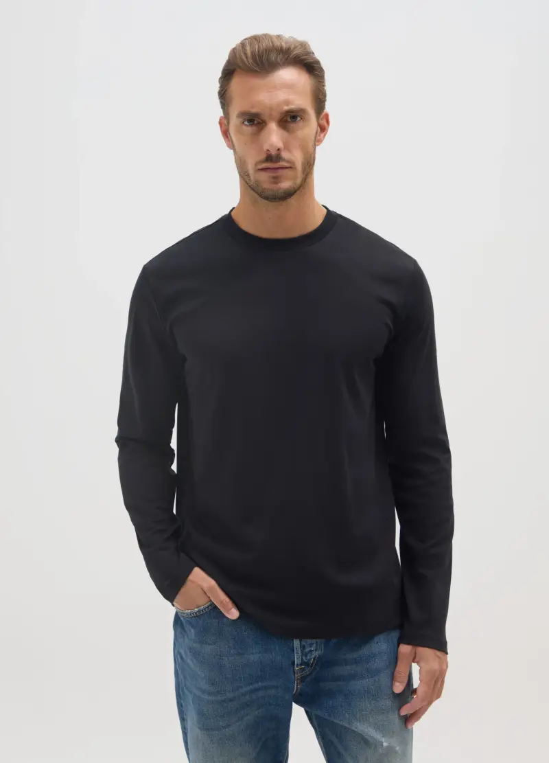 Maglia In Puro Cotone Nera Regular Fit, Uomo, Nero miniatura 2