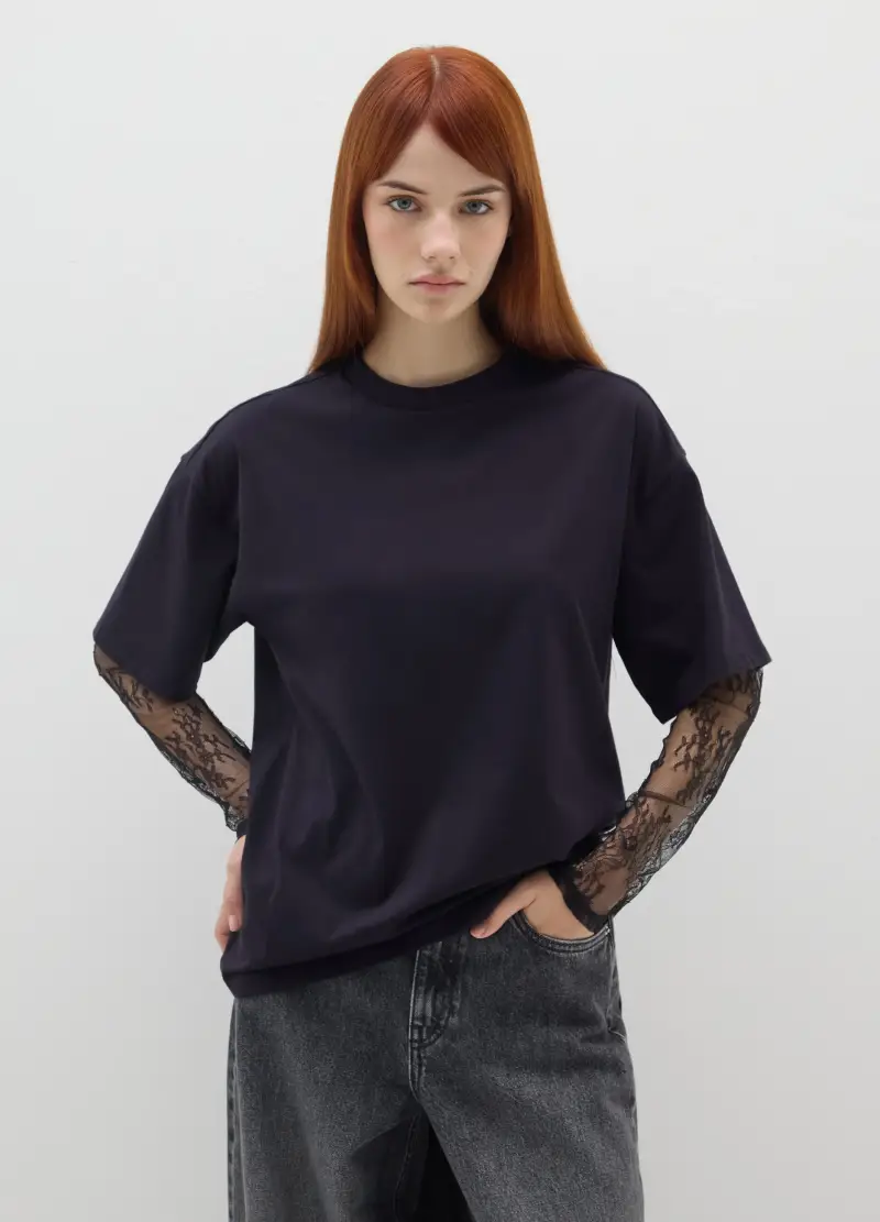 Maglia In Puro Cotone Nero Vestibilità Over, Donna, Nero miniatura 2