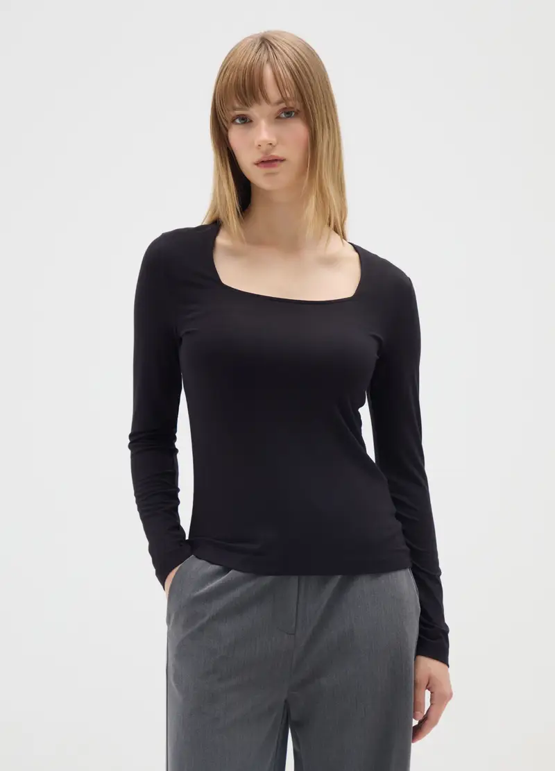 Maglia In Viscosa Elasticizzata Nera Regular Fit, Donna, Nero