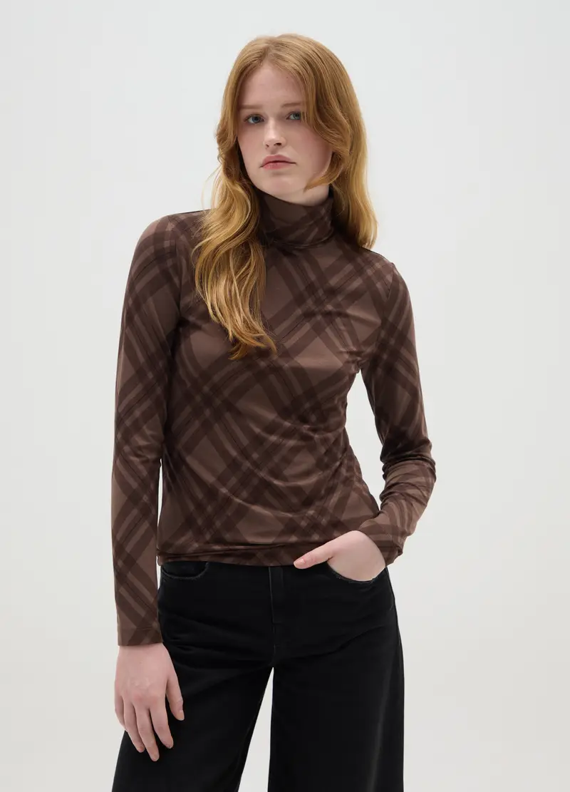 Maglia Marrone Con Stampa A Quadri, Donna, Marrone miniatura 2