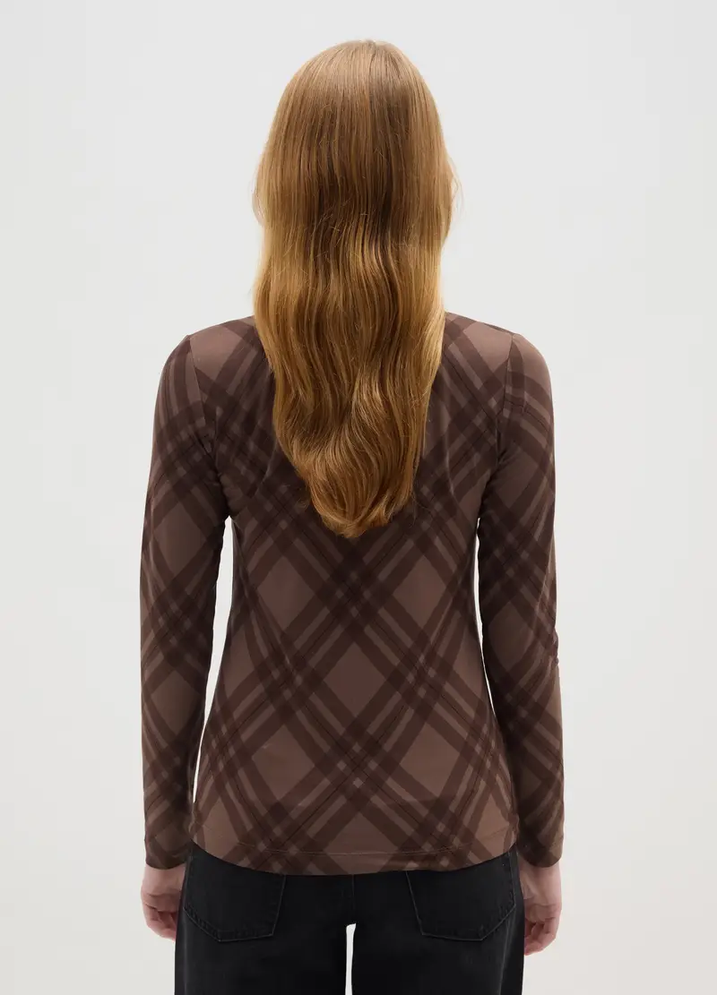 Maglia Marrone Con Stampa A Quadri, Donna, Marrone miniatura 3