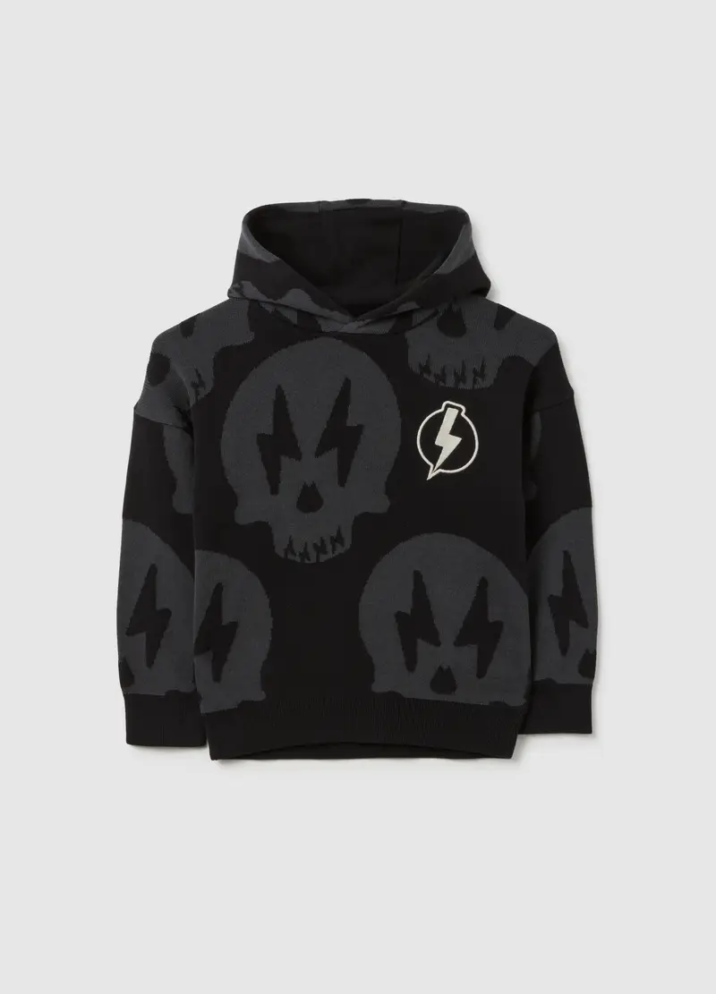 Maglia Nera In Cotone Con Motivo A Teschio, Bambino, Nero