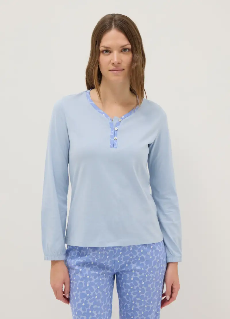 Maglia Notte Azzurra In Puro Cotone Regular Fit Con Scollo Serafino, Donna, Azzurro