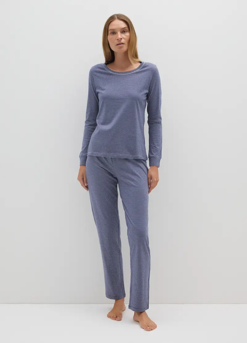 Maglia Pigiama Blu A Righe In Cotone, Donna, Blu miniatura 2