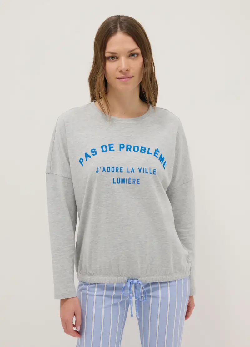Maglia Pigiama Girocollo Grigia In Misto Cotone Regular Fit Con Stampa, Donna, Grigio