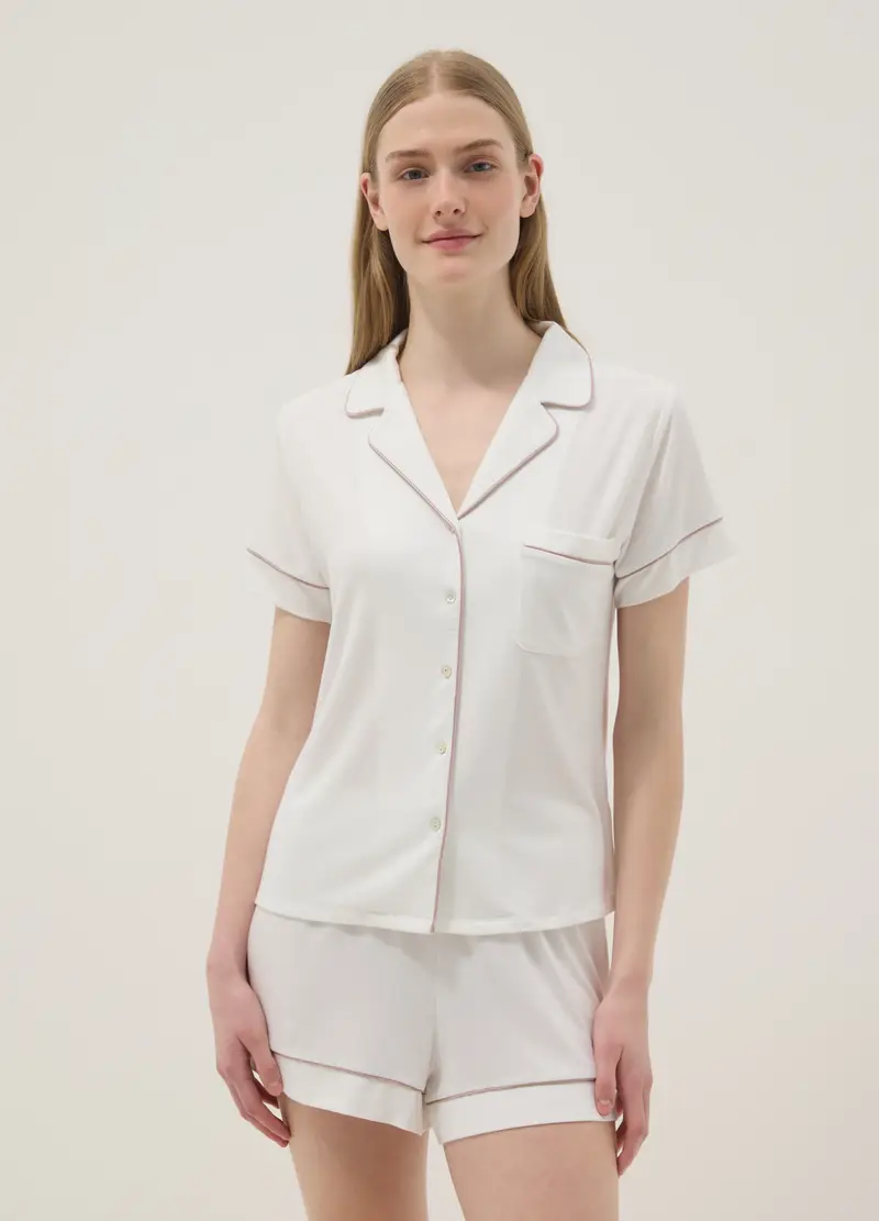 Maglia Pigiama In Misto Viscosa Elasticizzata Bianco Regular Fit, Donna, Bianco miniatura 2