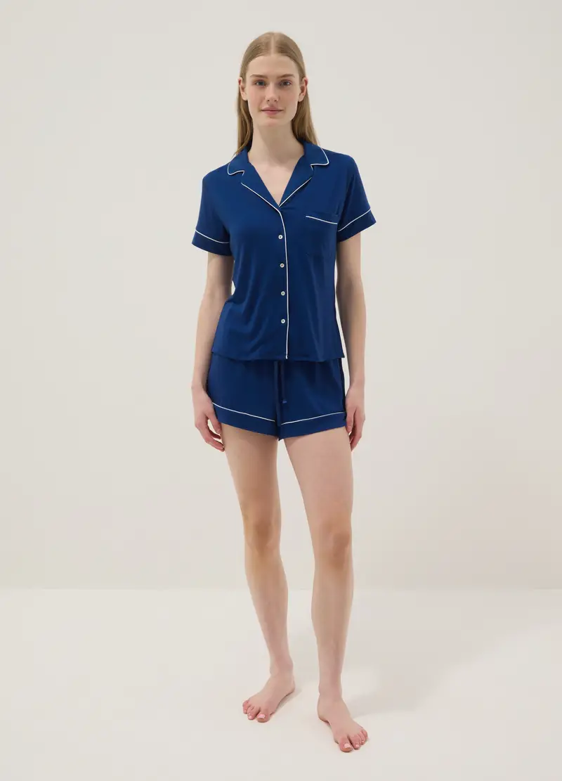 Maglia Pigiama In Misto Viscosa Elasticizzata Blu Regular Fit, Donna, Blu miniatura 2