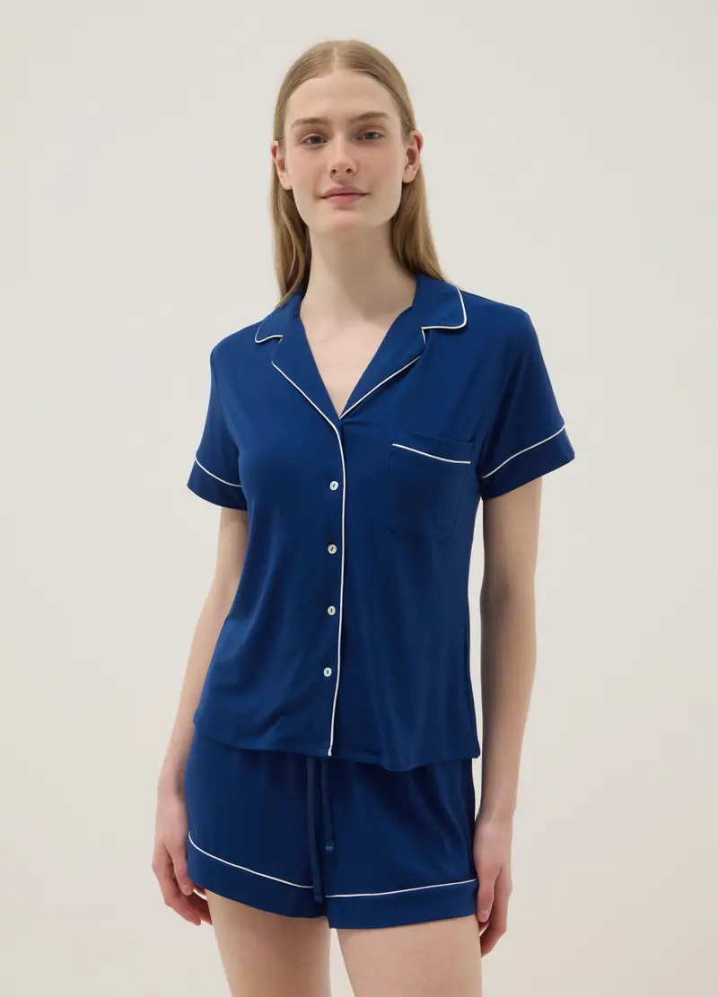 Maglia Pigiama In Misto Viscosa Elasticizzata Blu Regular Fit, Donna, Blu miniatura 3