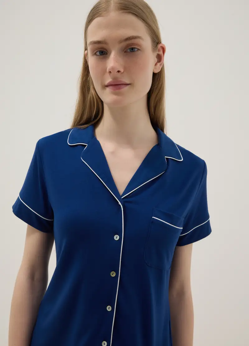 Maglia Pigiama In Misto Viscosa Elasticizzata Blu Regular Fit, Donna, Blu