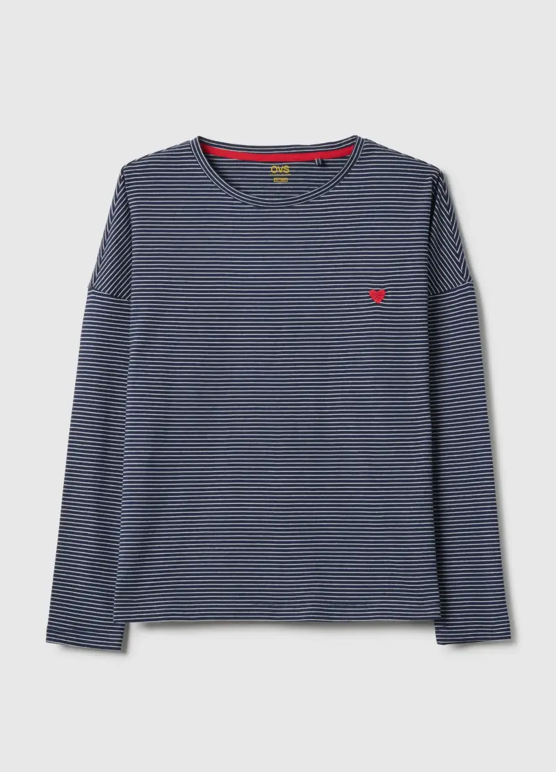 Maglia Pigiama In Puro Cotone A Righe Multicolor Regular Fit Con Cuore, Donna, Multicolor