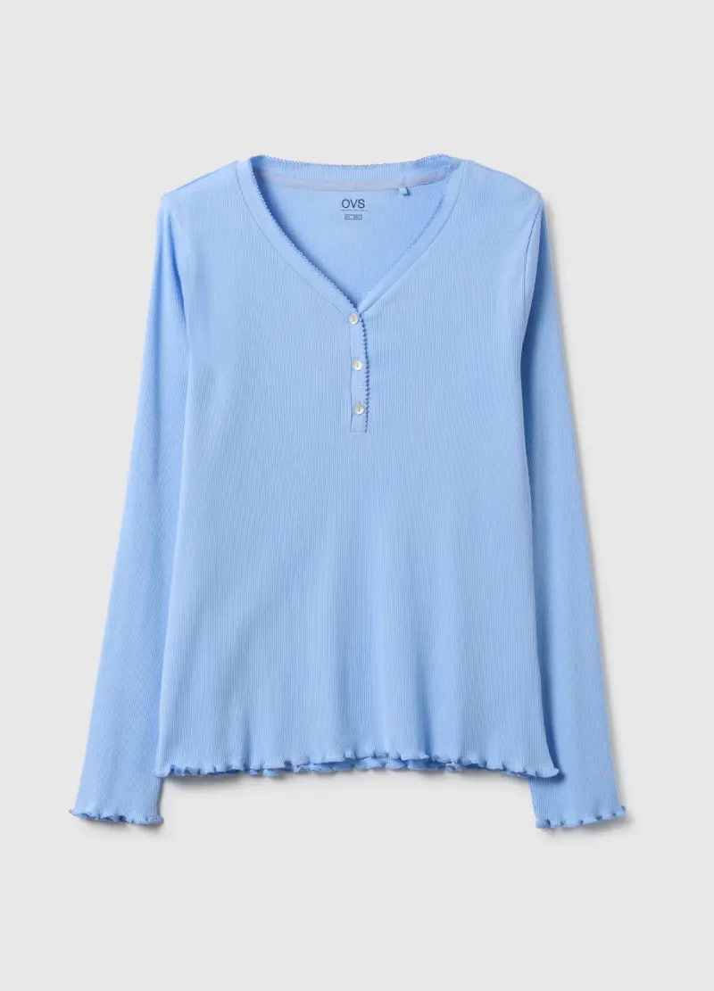 Maglia Pigiama In Puro Cotone Azzurra Regular Fit Con Collo Serafino, Donna, Azzurro