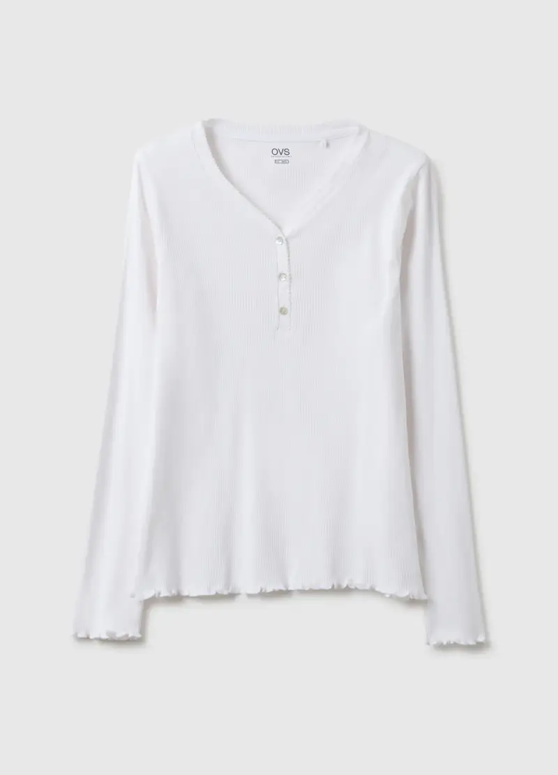 Maglia Pigiama In Puro Cotone Bianca Regular Fit Con Collo Serafino, Donna, Bianco