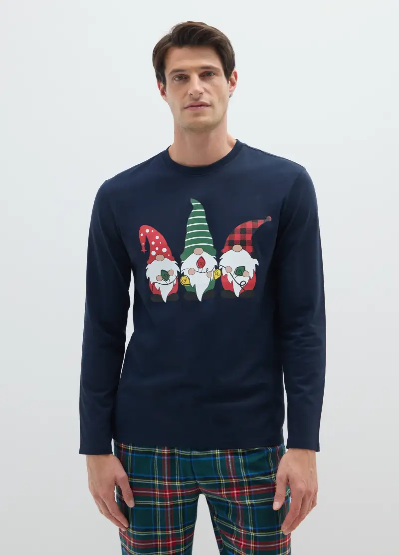 Maglia Pigiama Natalizia In Puro Cotone Blu Regular Fit, Uomo, Blu