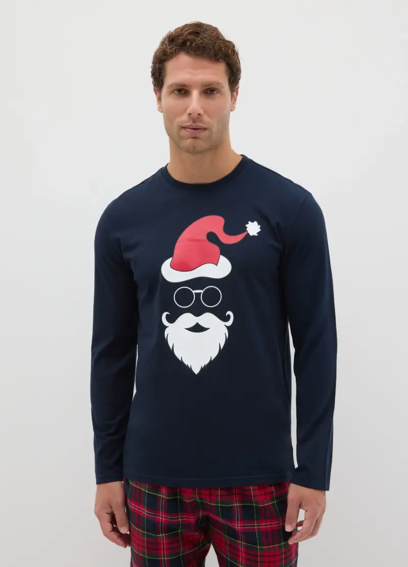 Maglia Pigiama Natalizia In Puro Cotone Blu Regular Fit, Uomo, Blu