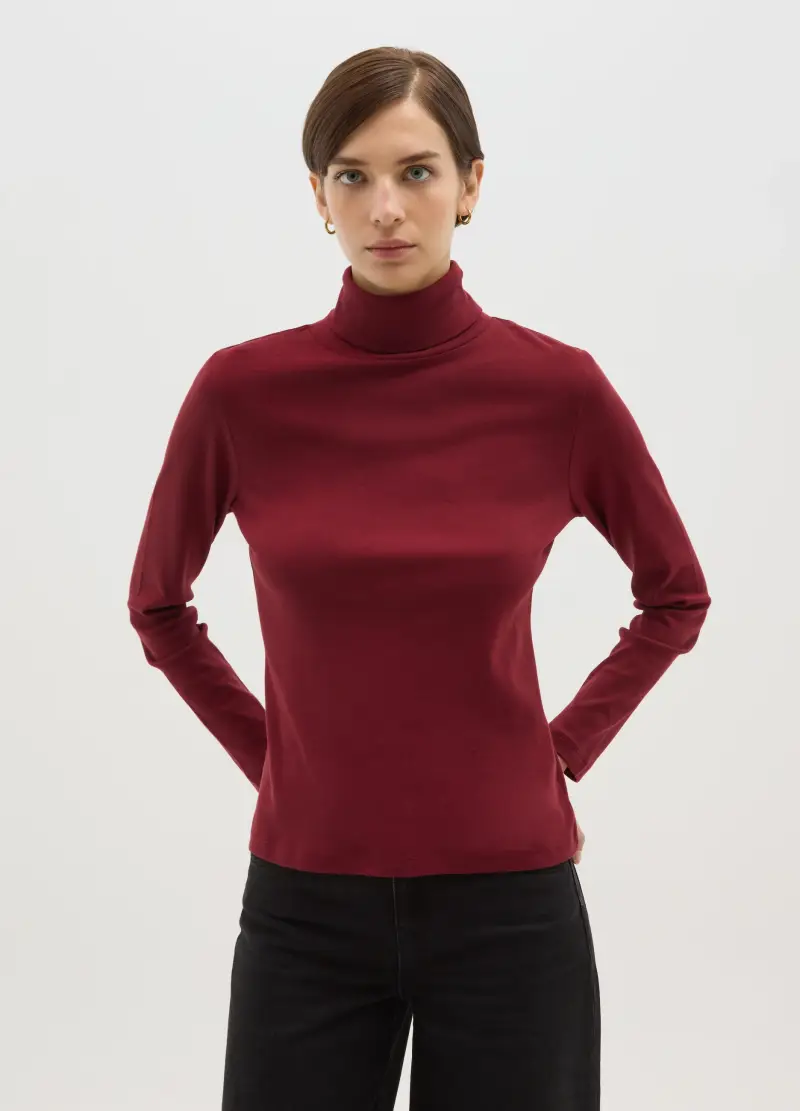 Maglia Rossa A Maniche Lunghe E Collo Alto In Puro Cotone Regular Fit, Donna, Rosso miniatura 2