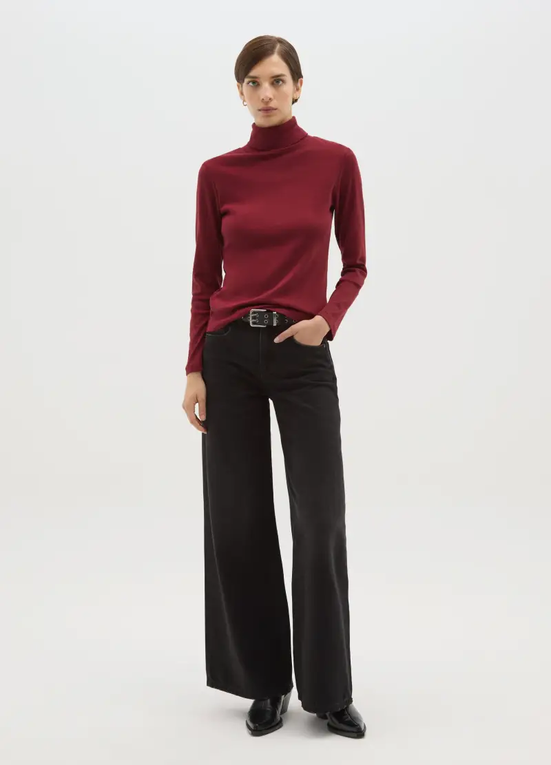 Maglia Rossa A Maniche Lunghe E Collo Alto In Puro Cotone Regular Fit, Donna, Rosso