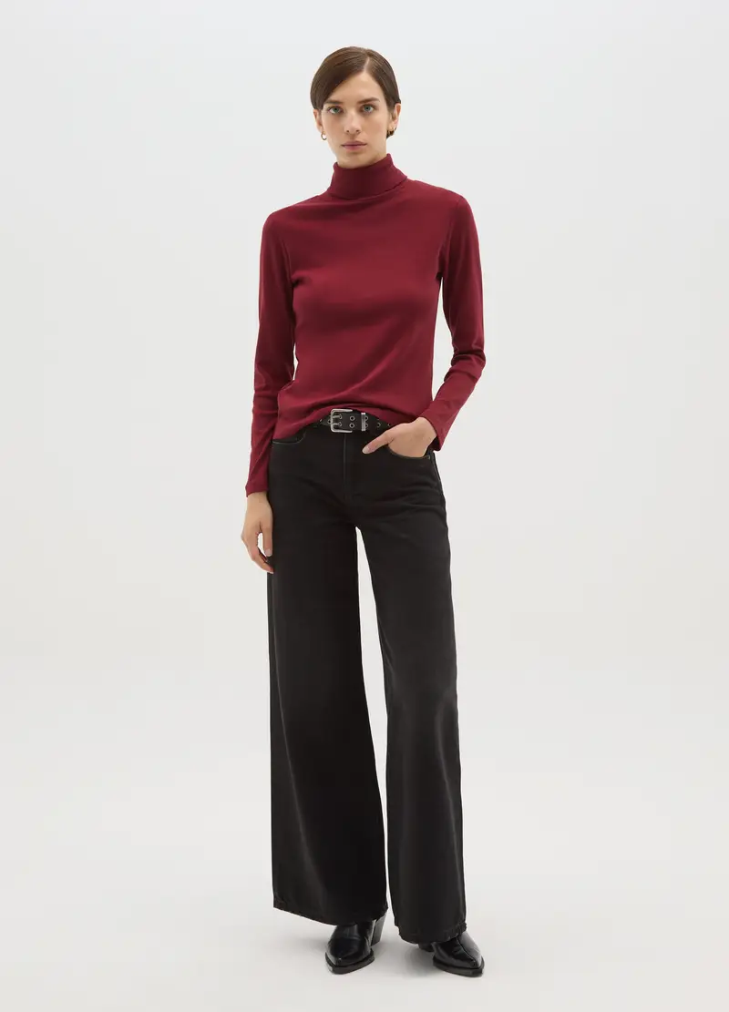 Maglia Rossa A Maniche Lunghe E Collo Alto In Puro Cotone Regular Fit, Donna, Rosso