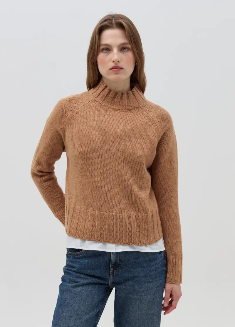 Maglia Tricot Mock Neck, Donna, Marrone