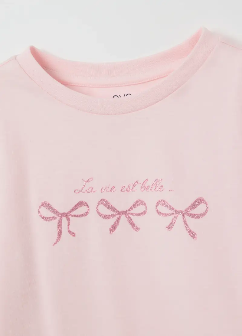 Maglietta Da Bambina In Puro Cotone Rosa Con Glitter, Rosa miniatura 3