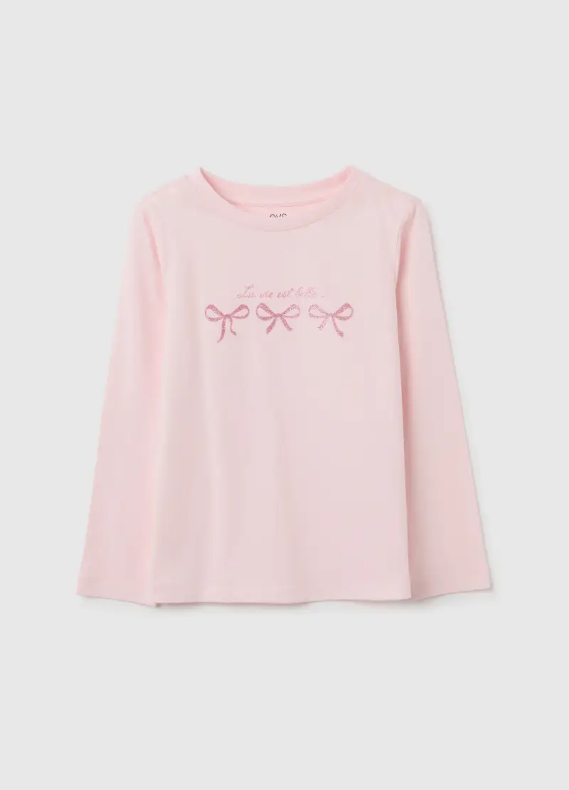 Maglietta Da Bambina In Puro Cotone Rosa Con Glitter, Rosa