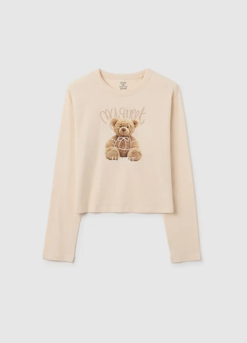 Maglietta Da Ragazza In Puro Cotone Beige Con Stampa, Bambina, Beige